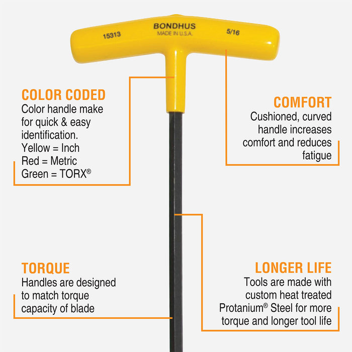 Yellow T-handle tool with features highlighted on a white background