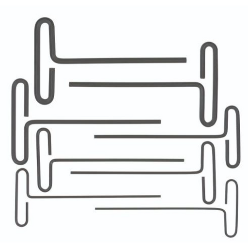 A set of 8 T-handle loop hex key drivers, varying in size, with a 6-inch length.