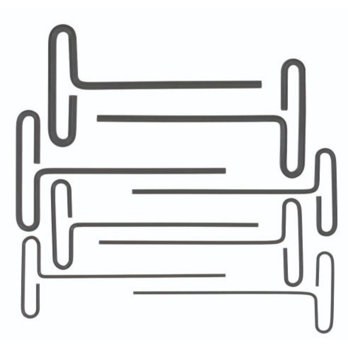 A set of 8 T-handle loop hex key drivers, varying in size, with a 6-inch length.