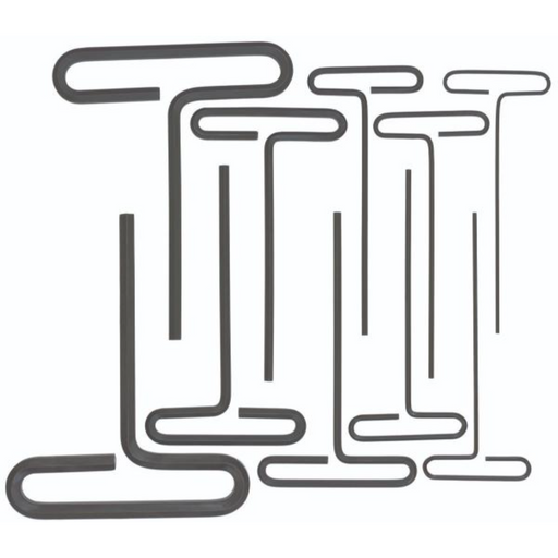 A set of 10 black T-handle hex key drivers laid out in a row.