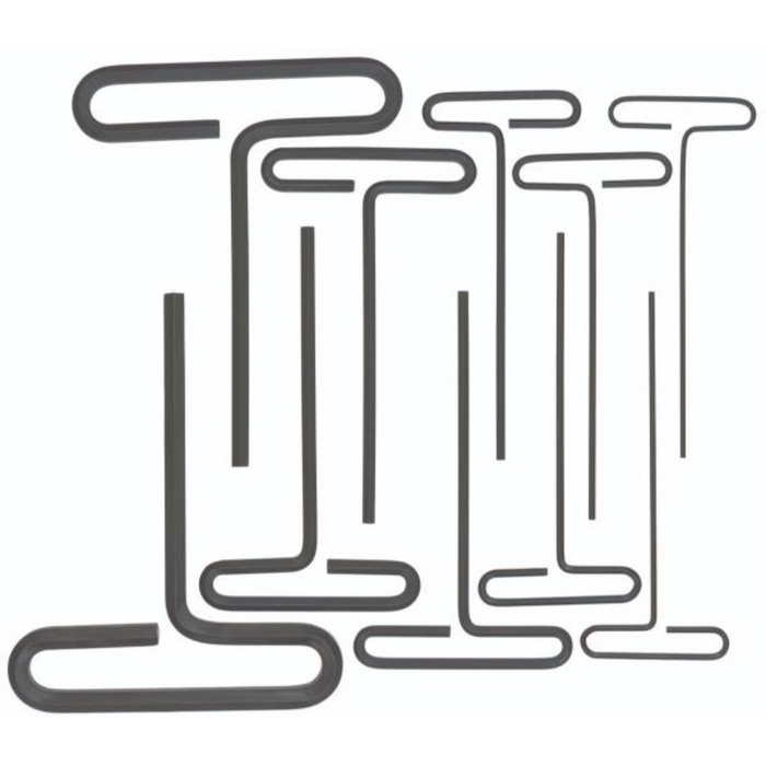 A set of 10 black T-handle hex key drivers laid out in a row.