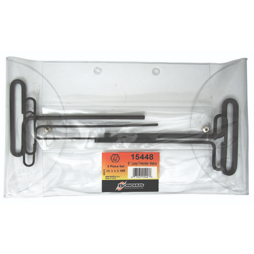 Set of 5 Loop T-handle hex keys in a clear plastic bag with popper closing
