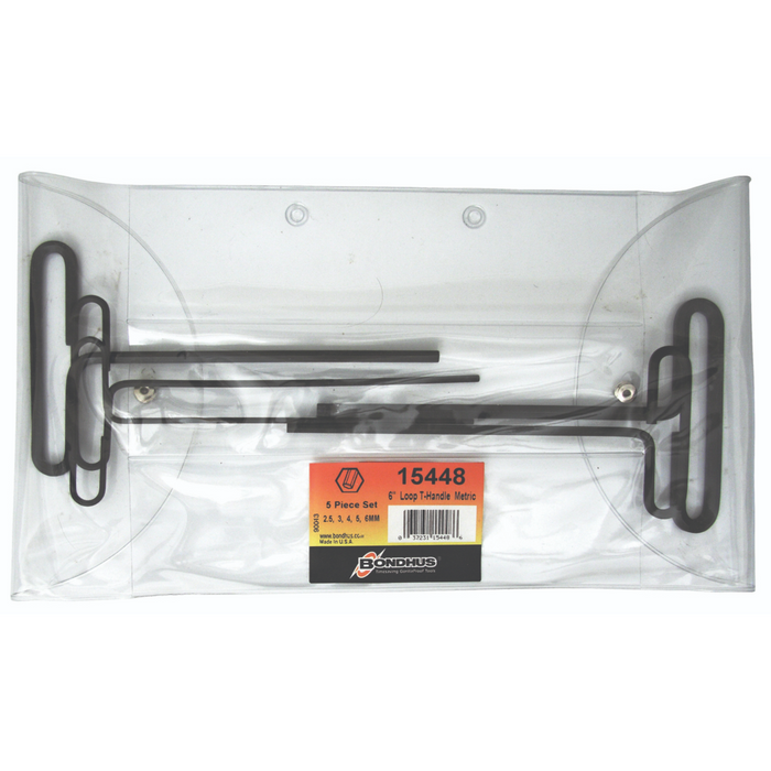Set of 5 Loop T-handle hex keys in a clear plastic bag with popper closing