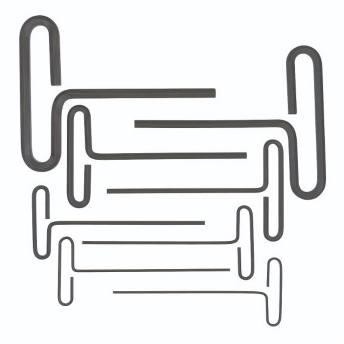 A set of 8 silver T-handle hex key drivers laid out in a row, with sizes ranging from 2mm to 10mm.
