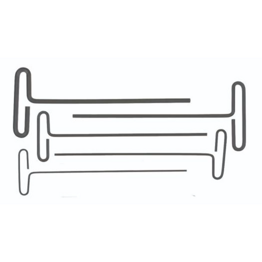 A set of five Loop T-handle hex keys in increasing sizes, with a 9-inch length each, looped at one end and with hex tips.