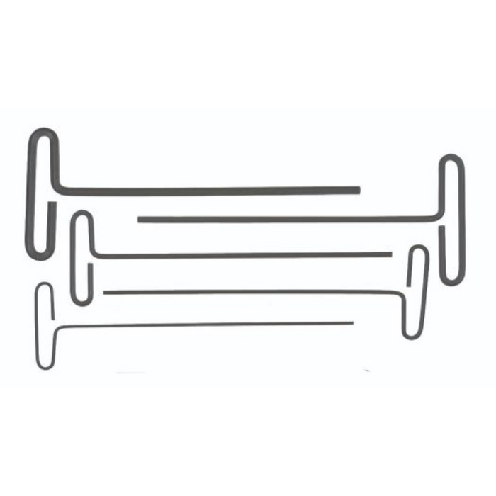 A set of five Loop T-handle hex keys in increasing sizes, with a 9-inch length each, looped at one end and with hex tips.