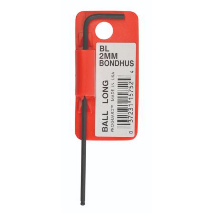 Single 2mm diameter long ball end hex key on a red display hanger