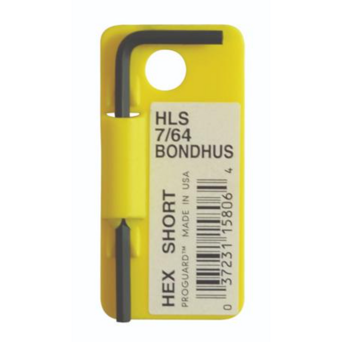 A black Bondhus Hex End Imperial L-Wrench with a yellow and black label indicating the size as 7/64 inch on the barcodror 12.7 mm.