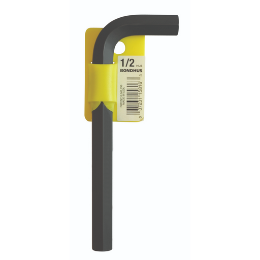 A black Bondhus Hex End Imperial L-Wrench with a yellow and black label indicating the size as 1/2 inch or 12.7 mm.
