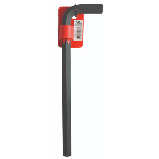 A long black metric hex end wrench with a red and gray Bondhus brand tag attached to it.