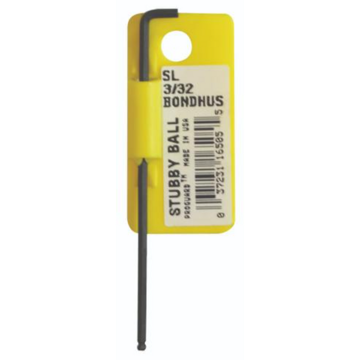Single Stubby BallEnd Imperial L-Wrench with yellow hanging case. 3/32 Bondhus printed on the label
