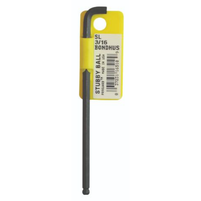 Single Stubby BallEnd Imperial L-Wrench with yellow hanging case. 3/16 Bondhus printed on the label