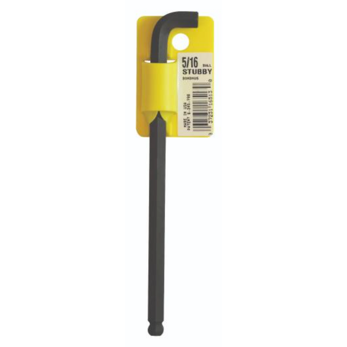 Single Stubby BallEnd Imperial L-Wrench with yellow hanging case. 5/16 stubbly printed o the label