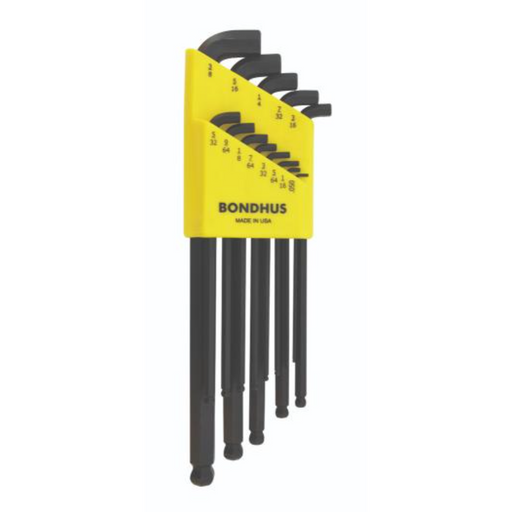 A set of 13 Bondhus Stubby BallEnd Hex Keys in Imperial sizes, displayed in a yellow and black color-coded case.