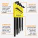 Set of 13 Bondhus hex keys in a yellow holder with features highlighted on a white background