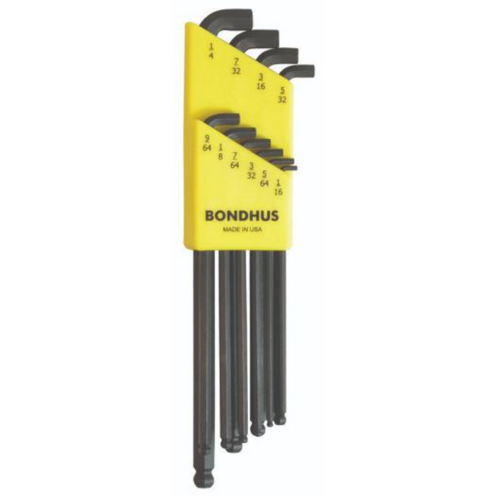 A set of Bondhus stubby ball end hex keys in Imperial sizes with yellow and black handles, displayed in a color-coded case.