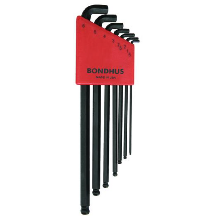 A set of 7 Bondhus stubby ballend hex keys in sizes 1.5mm to 6mm, with a red and black color scheme and the brand name on the red label.