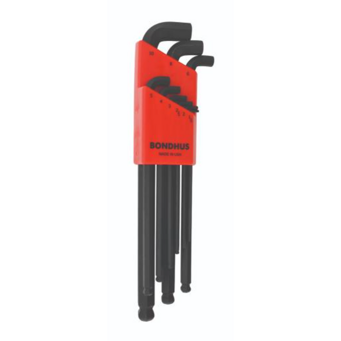 A set of 9 Bondhus stubby ballend hex keys in a red and black color-coded case, including sizes 1.5mm to 10mm.