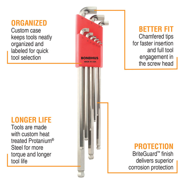 BONDHUS SBLX9B BriteGuard Stubby BallEnd Hex Key 9pcs Metric Set 1.5mm-10mm