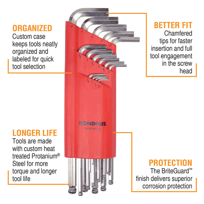 BONDHUS BLX15MB BriteGuard BallEnd Hex Key 15pcs Metric Set