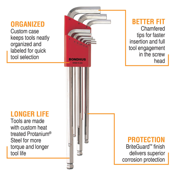 BONDHUS BLX9MB BriteGuard BallEnd Hex Key 9pcs Metric Set