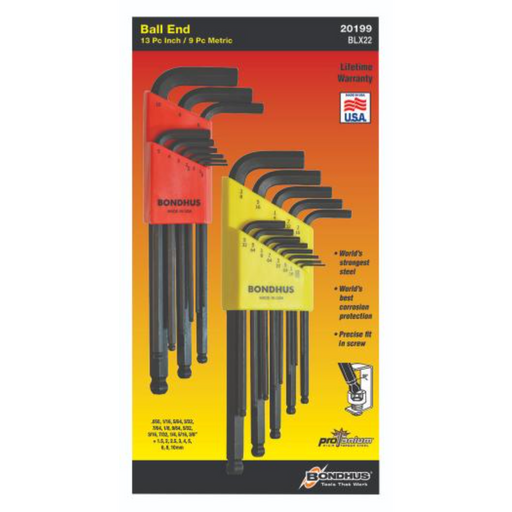 Packaging for BONDHUS ball end hex key set, showing various sizes of the keys in black and red, with the brand name and 'USA' label.