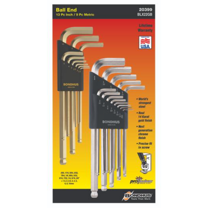 Packaging for a Bondhus ballend hex key set, showing both gold and silver colored keys with varying sizes ranging from 1.5mm to 10mm, and a yellow and black color scheme with the Bondhus logo.