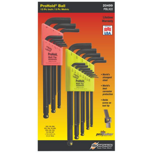 Packaging for BONDHUS PBLX9 Dual Pack Hex Key with a metric and imperial set of 22 pieces displayed in a BondHex color-coded case.