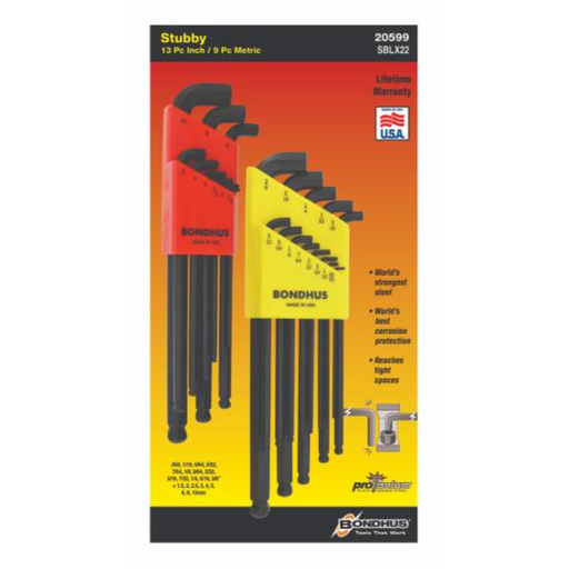 Packaging for BONDHUS stubby double pack ballend hex key set, showing various sizes of the keys and the BondHex logo.