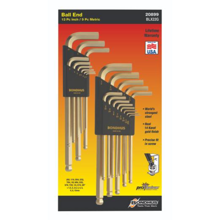 A set of Bondhus ballend hex keys in gold color, displayed in a yellow and black packaging with the Bondhus logo and product information.