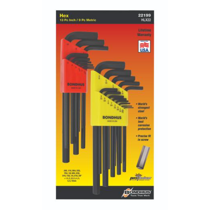 Packaging for BONDHUS HLX22 Dual Pack Hex Key with a set of 22 pieces displayed in a BondHex color-coded case.