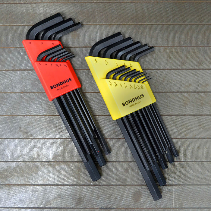 Set of Bondhus hex keys in red and yellow packaging on a wooden surface
