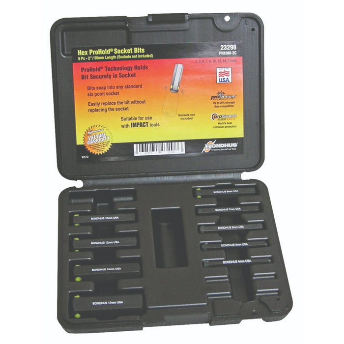 A black molded box containing ProHold InHex socket bits, with size labels and green accents visible on the bits.