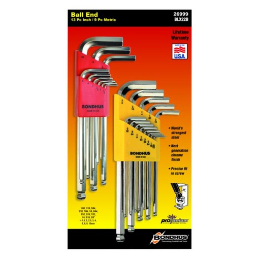 Packaging for BONDHUS ballend hex keys with BriteGuard finish, showing various sizes of the keys and the BondHex logo.