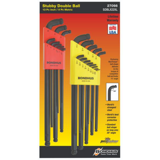 Packaging for BONDHUS stubby double ballend extra long hex keys, showing various sizes of the keys and the Bondhus logo.