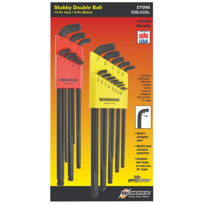 Packaging for BONDHUS stubby double ballend extra long hex keys, showing various sizes of the keys and the Bondhus logo.