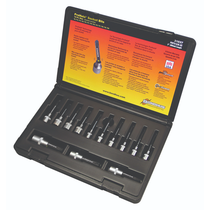 A set of Torx ProHold InHex socket bits in various sizes, displayed in an open black case with a yellow instructional insert.