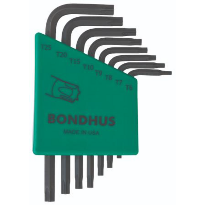 A set of BONDHUS branded Torx keys with black shafts and stored in a green case, ranging from size T6 to T25.