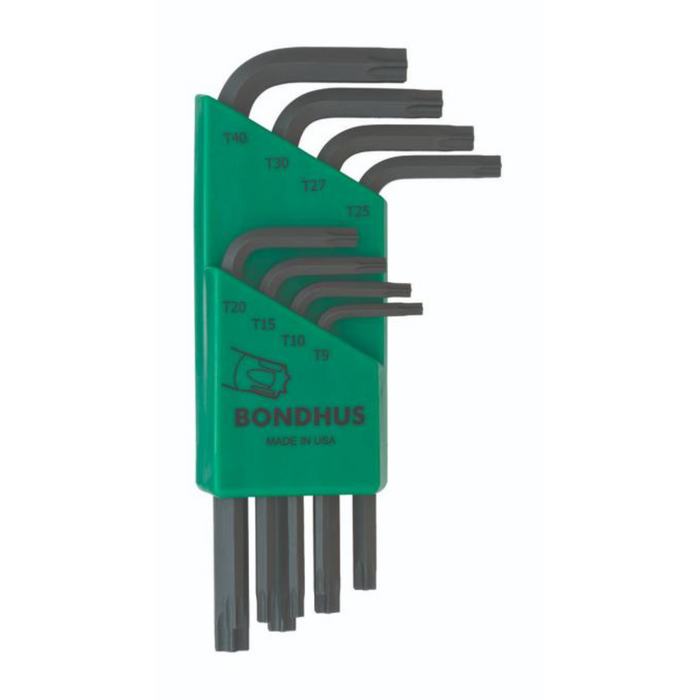 A set of  8 Bondhus Torx L-shaped black wrenches displayed in a green packaging sleeve with the Bondhus logo. T40 to T9 indicated