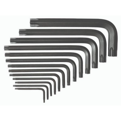 A set of 13 black Torx keys arranged in size order.