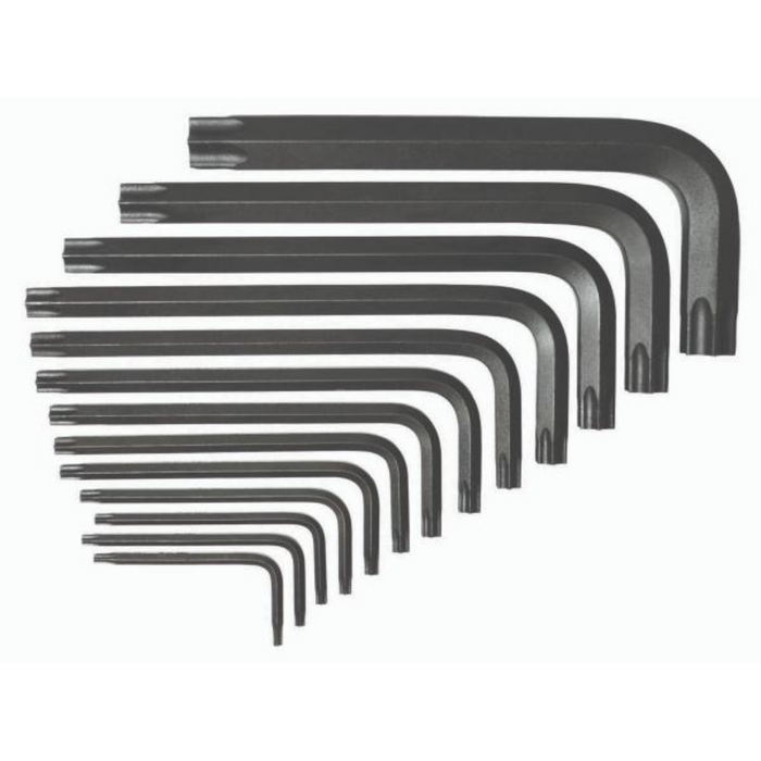 A set of 13 black Torx keys arranged in size order.