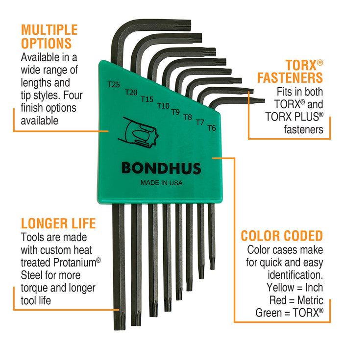 Set of Bondhus hex keys with green case on a white background highlighting the features