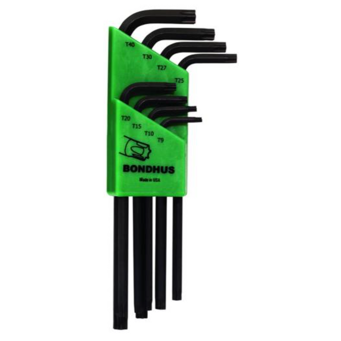 A set of BONDHUS TLX8 Torx keys in sizes T9 through T40, with a green and black color scheme and straight, vertical sidewalls.