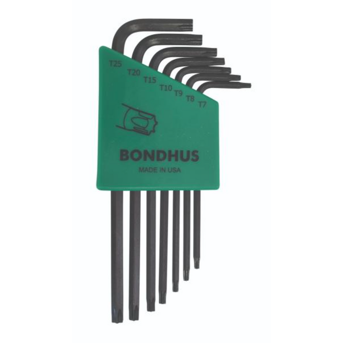 Set of 7 black Tamper Resistant Torx L-Wrenches in a green holder sizes T7 to T25