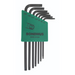 Set of 7 black Tamper Resistant Torx L-Wrenches in a green holder sizes T7 to T25