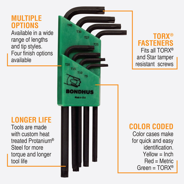 Set of Bondhus hex keys with green case on a white background highlighting the tools features