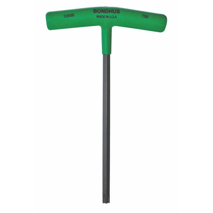 A green T50 size Bondhus Torx T-handle with a black shaft and ergonomic handle design.