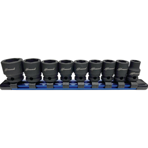 Set of black sockets on a blue and black holder against a white background