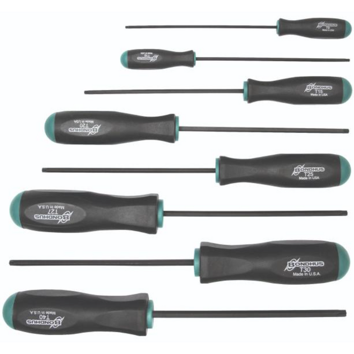 A set of Bondhus tamper resistant Torx screwdrivers with black handles and green tips.