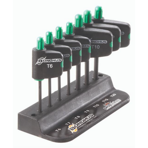 A set of Bondhus Torx flag tools with green tops in sizes T6 to T10, displayed in a black holder with size markings.